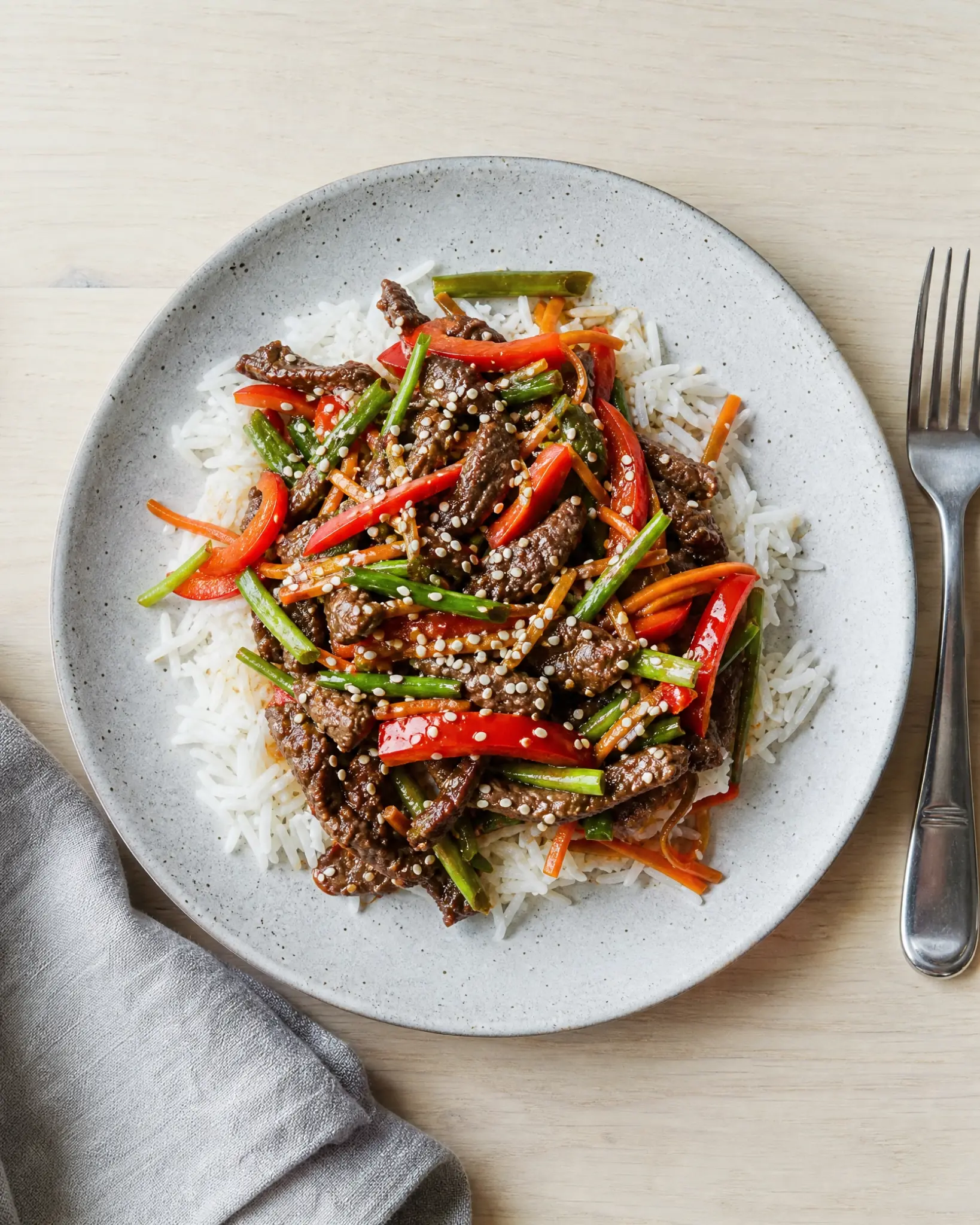 Asian Stir-Fried Beef plated dinner