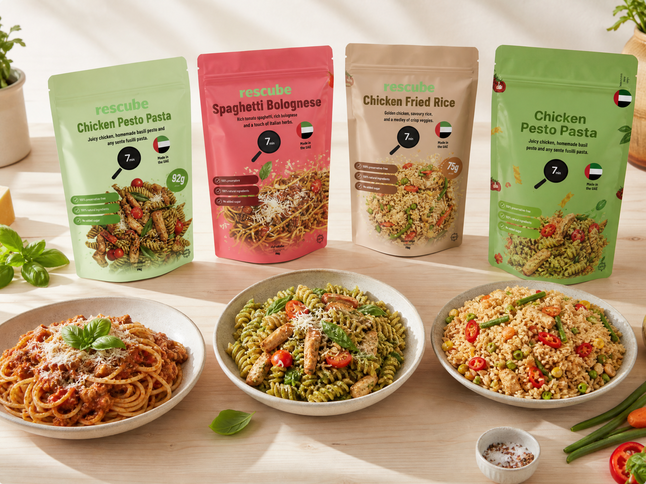 Four Rescube dinner bags with spaghetti bolognese, chicken pesto pasta, and chicken fried rice