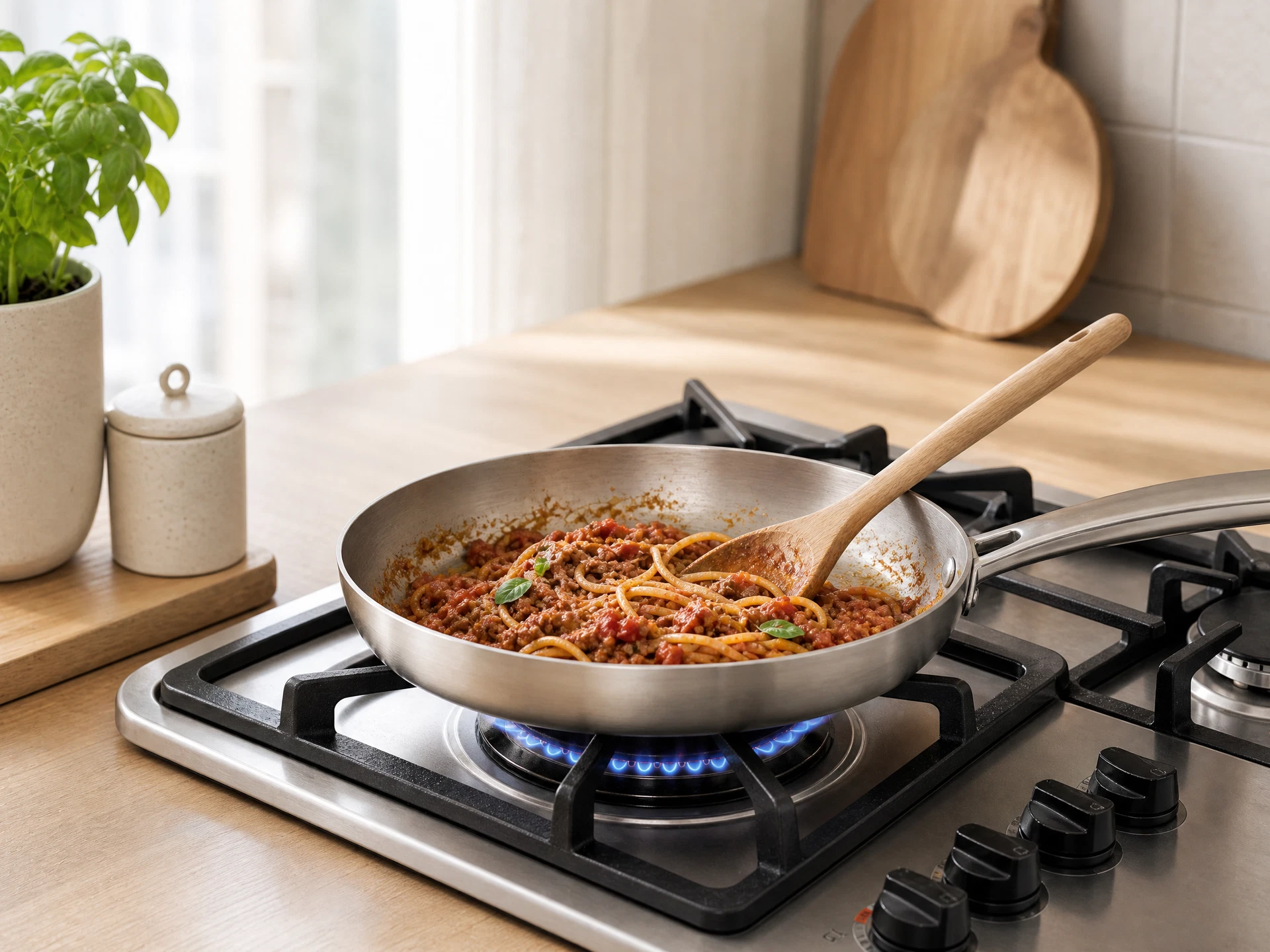 A 450 gram portion of spaghetti Bolognese heating in a standard shallow frying pan over a gas stove flame